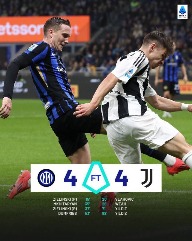 【意甲】国米4比4尤文，耶尔德兹替补梅开二度扳平